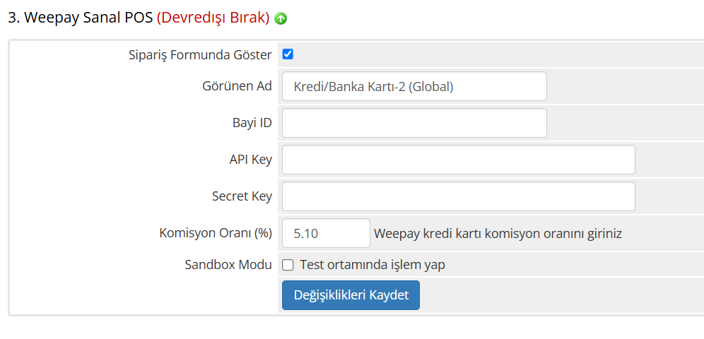 Weepay Modül Ayarları Ekranı